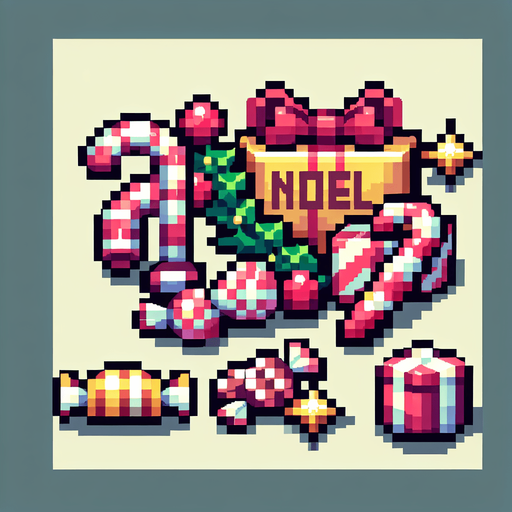 pixel candy noel.
Single Game Texture. In-Game asset. 2d. Blank background. High contrast. No shadows.