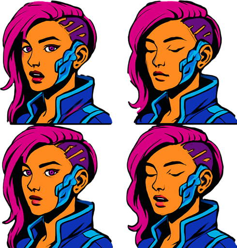 Cyberpunk girl looking to the camera by side, the half upper part of it only not all body, different frames opened eyes opened mouth, closed eyes closed mouth, opened eyes closed mouth, closed eyes opened mouth, each frame in one image.
In-Game asset.  2d.  High contrast.  No shadows
