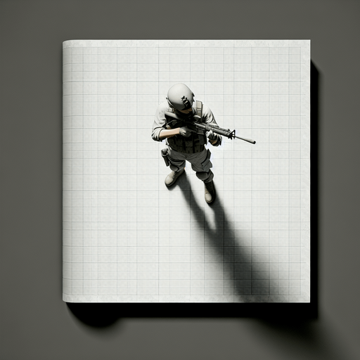 Soldier with gun seen from above.
Single Game Texture. In-Game asset. 2d. Blank background. High contrast. No shadows.