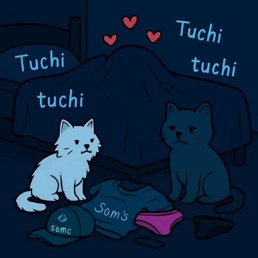 Los gatitos estan separados, sus dueños estan debajo de las sabanas tapados, los corazones deben estar arriba de la silueta en la cama, y los textos de tuchi tuchi igual.

eS UNA ESCENA ALGO MORBOSA pero no se ve nada, que la figura en las sabanas abarque gran parte de la cama