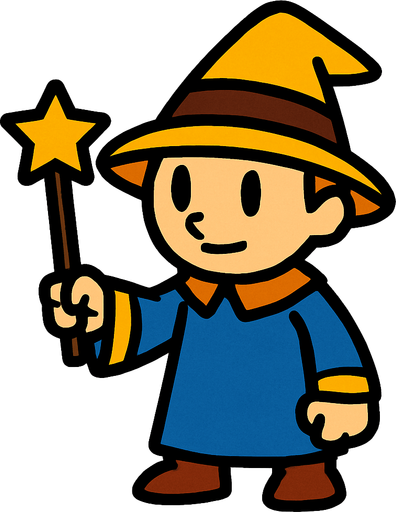 Mago con sombrero amarillo y marrón sin barba con varita con estrella sin barba, de cuerpo entero.
In-Game asset.  2d.  High contrast.  No shadows