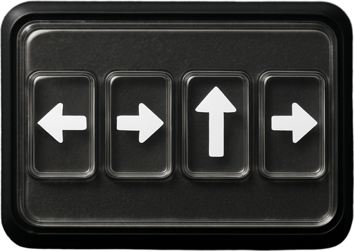 Photorealistic transparent rectange dj deck sample buttons with black rounded corners, front view. White Left, Right, Up, Down arrows, next to each other, front view