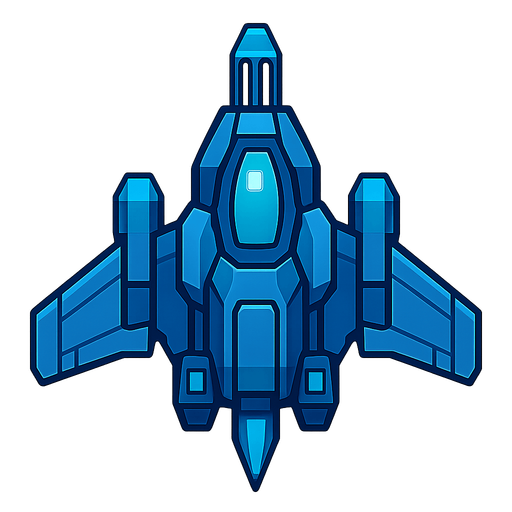 A player's spaceship in a topdown shooter (mainly blue in colour).
In-Game asset.  2d.  High contrast.  No shadows