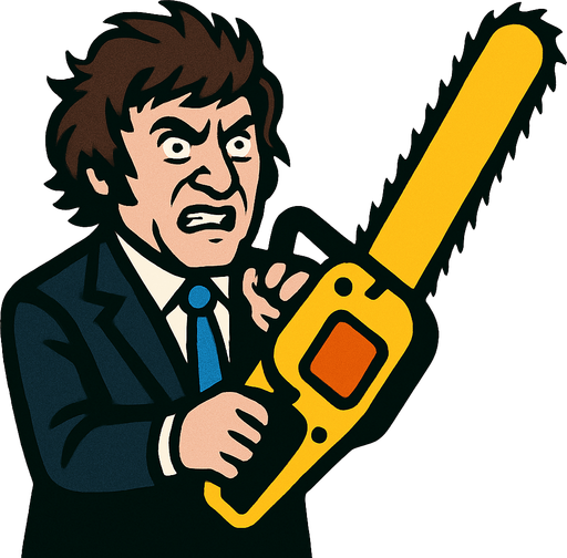 javier milei con motosierra.
In-Game asset.  2d.  High contrast.  No shadows