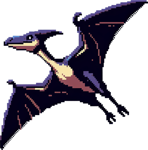 pixel art pterodactyl flying.
Single Game Texture. In-Game asset. 2d. Blank background. High contrast. No shadows.