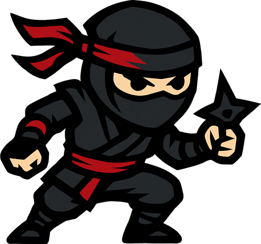 A generally black and grey ninja, but with a few red details..
In-Game asset.  2d.  High contrast.  No shadows