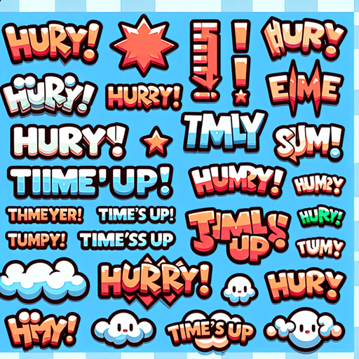Multiple stylized texts with phrases that include “Hurry!” “Time’s up!” Cartoon style..
Single Game Texture. In-Game asset. 2d. Blank background. High contrast. No shadows.