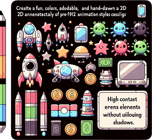 Spaceships, spacemonsters, cash, powerups.
Studio Ghibli. Ghibli style. Mobile game. Colorful. hand drawn. cute. fun. In-Game asset. 2d. Blank background. High contrast. No shadows.