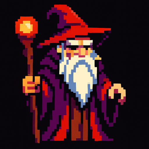 pixel art old wizard boss.
In-Game asset.  2d.  High contrast.  No shadows