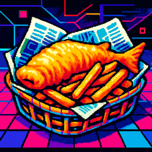 Cooked fish and chips in a newspaper lined basket. Side view. 80s arcade machine graphics..
In-Game asset.  2d.  High contrast