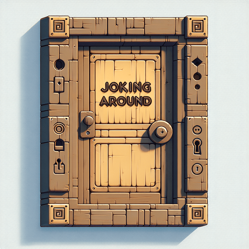 A door with the words Joking Around on it.
Single Game Texture.  In-Game asset.  2d.  Blank background.  High contrast.  No shadows