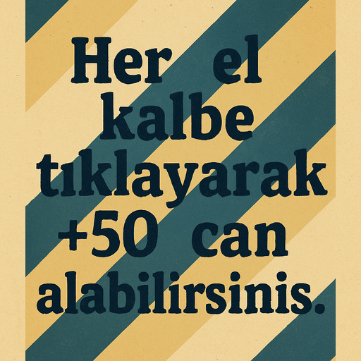 Her el kalbe tıklayarak +50 can alabilirsiniz." yazan bir yazı oluştur . Dikey formatta olsun . Retro temada olsun , arka plan soluk renklerde sarı lacivert olsun . Yazı formatı çok büyük olmasın . Yazılar ekranda rahat rahat okunabilsin . Yazılar tüm ekranı kaplamasın . Oluşturacağın görselin alt ve üstünde boşluklar olsun , yazı ortada olsun görselde ! 
In-Game asset.  2d.  High contrast.  No shadows
