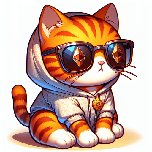 The character in the image evolves into an Ethereum blockchain developer, while maintaining its cartoon-style charm as an orange tabby cat with vivid stripes. Its round face, framed by a pair of oversized, round, dark opaque sunglasses, suggests a keen focus on the digital world. The cat's compact, chubby form, accentuated by its small body relative to its head, now symbolizes a blend of cuteness and intellectual curiosity. Clad in a simple, light-colored hoodie with a drawstring, the attire is subtly updated with Ethereum logos and blockchain-related motifs, hinting at its specialized coding expertise. In one paw, it might hold a miniature smart contract or a digital token, representing its involvement in Ethereum development. Positioned comfortably with its paws in front, the cat sits in a posture that combines relaxation with readiness, embodying the spirit of a developer poised to innovate within the Ethereum ecosystem. This adaptation retains the playful and whimsical essence of the original character, making it an ideal figure for stories or platforms that aim to introduce children to the complexities of blockchain technology in an accessible and engaging manner..
Single Game Texture. In-Game asset. 2d. Blank background. High contrast. No shadows.