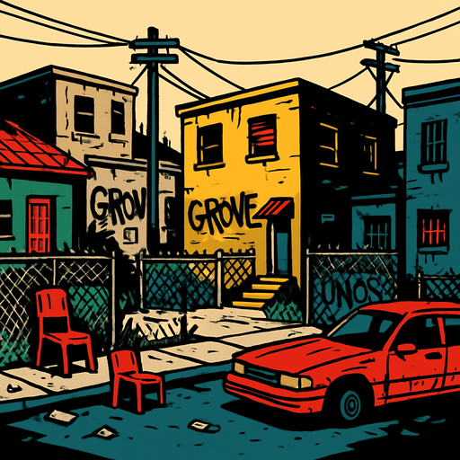 Gangside ghetto Neighbourhood.
In-Game asset.  2d.  High contrast.  No shadows
