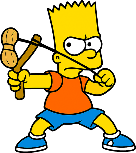 Bart holding a light brown slingshot shaped like a peanut. Make him be in a fighting stance 
In-Game asset.  2d.  High contrast.  No shadows