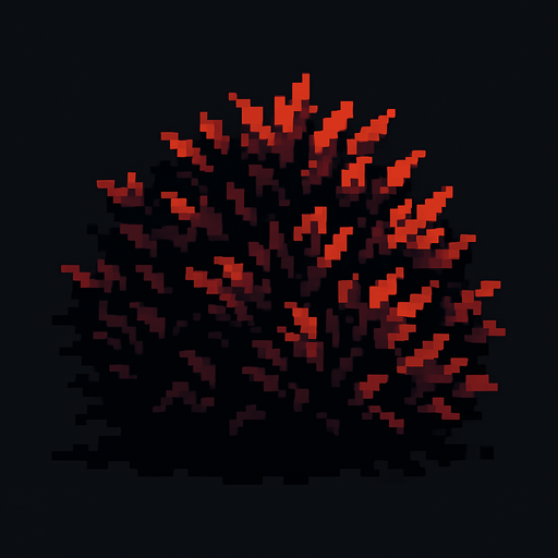 Un arbusto en estilo pixel art. Que tenga tonos principalemente negros con tonos rojizos.
In-Game asset.  2d.  High contrast.  No shadows