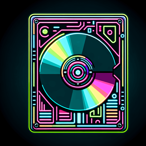 retro cyberpunk datadisk in neon colors.
Single Game Texture. In-Game asset. 2d. Blank background. High contrast. No shadows.