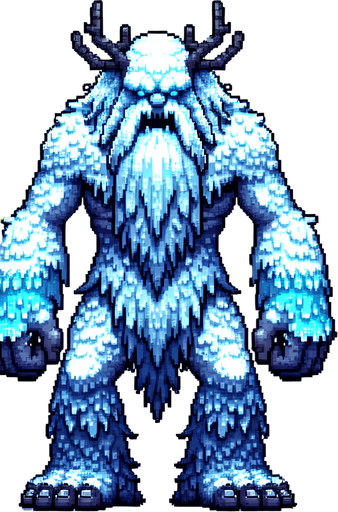 A terrible frost giant enemy sprite. Pixelart. Front view. Single Game Texture. In-Game asset. 2d. Blank background. High contrast. No shadows.