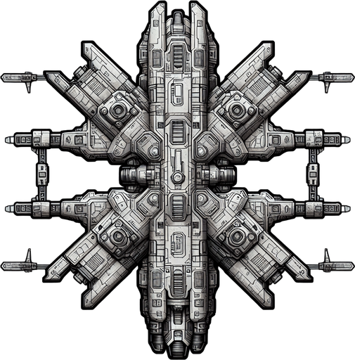 Космический корабль, без фона.
Single Game Texture. In-Game asset. 2d. Blank background. High contrast. No shadows.