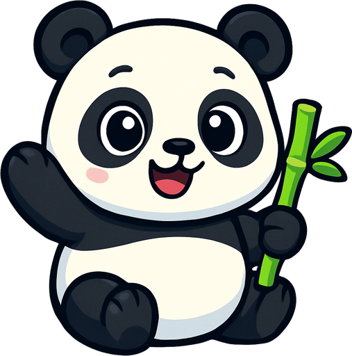 A cute cartoon-style panda character for a mobile game. Chubby body with classic black and white fur, big round eyes with a sparkle, small ears, sitting or standing upright with a happy, playful expression. Holding a bamboo stick or waving. Colorful, simple background. High-quality digital illustration, ideal for a children’s game.”.
In-Game asset.  2d.  High contrast.  No shadows. cartoon style