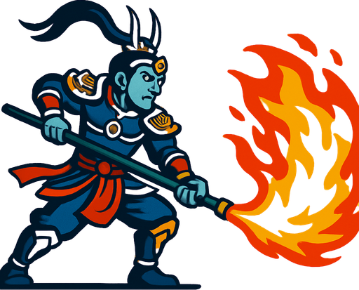 erlang shen. the sun wukong enemy. side scroller image. atack with fire 
In-Game asset.  2d.  High contrast.  No shadows