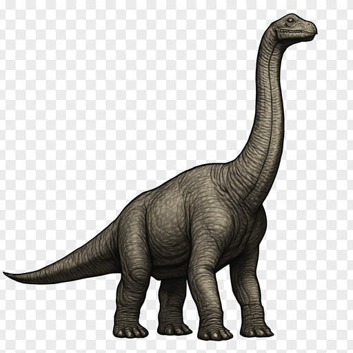 A realistic Brachiosaurus dinosaur standing tall on a transparent background. It has a long neck raised high, with a relatively small head featuring gentle eyes and a rounded snout. The body is massive and bulky, covered with textured grayish-brown scales showing subtle wrinkles and muscle definition. Its front legs are noticeably longer than the hind legs, giving it a distinctive sloping back. The tail is thick and extends straight behind. The skin texture is rough with detailed scales, emphasizing the dinosaur’s grandeur and calm nature..
In-Game asset.  2d.  High contrast.  No shadows