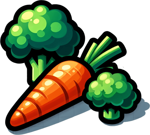 carrots and brocolli.
Single Game Texture. In-Game asset. 2d. Blank background. High contrast. No shadows.
