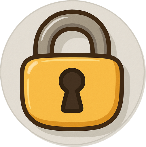 A small, flat 2D padlock icon designed for mobile games. The lock should be cartoon-style with a rounded body, thick outline, and a keyhole in the center. Use soft shadows and a slight 3D effect. The color should be golden yellow or metallic gray, clearly visible when placed over a flag. The icon must have a transparent rounded background and be suitable for overlaying on a world map UI in a kids’ adventure game..
In-Game asset.  2d.  High contrast.  No shadows