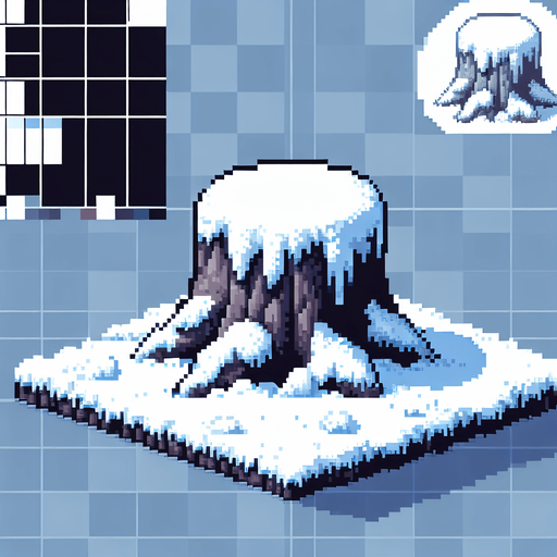 pixel art of a tree stump covered in snow. Single Game Texture. In-Game asset. 2d. Blank background. High contrast. No shadows.