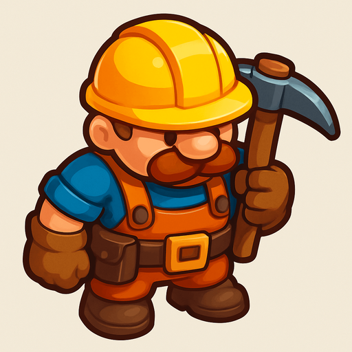 Crea un personaje "Trabajador" para un juego de Tower Defense, en un estilo 2D renderizado, limpio y cartoonish. El trabajador debe tener contornos claros y definidos, colores vibrantes con transiciones suaves, y sombreado que dé volumen.

El diseño debe ser el de un personaje compacto y robusto, diseñado para ser fácilmente reconocible desde una vista cenital/ligeramente aérea, pero con suficiente detalle para mostrar su progresión. Debe evocar la idea de construcción, minería o recolección de recursos..
In-Game asset.  2d.  High contrast.  No shadows