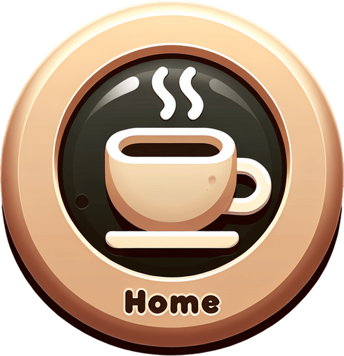 Home Button Icon, Coffee Themed.
Single Game Texture. In-Game asset. 2d. Blank background. High contrast. No shadows.