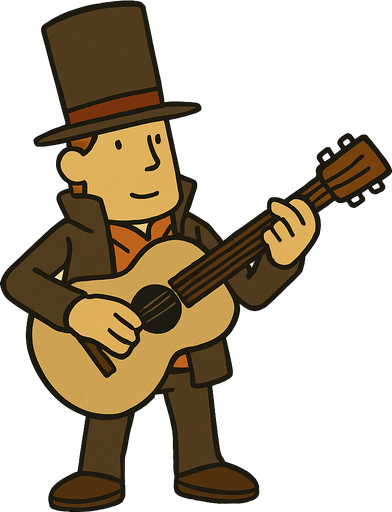 Gutair professor Layton game style.
In-Game asset.  2d.  High contrast.  No shadows