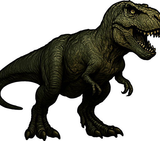 A massive Tyrannosaurus rex dinosaur depicted in a neutral standing pose on a transparent background. It has a powerful, muscular body covered in rough, dark green and brown scaly skin with visible wrinkles and scars. The head is huge with a wide mouth slightly open, showing rows of sharp teeth and piercing yellow eyes. Its short but strong arms have two clawed fingers, and the thick tail balances the bulky body. The skin texture features detailed scales and subtle shading, emphasizing its predatory strength and dominance..
In-Game asset.  2d.  High contrast.  No shadows