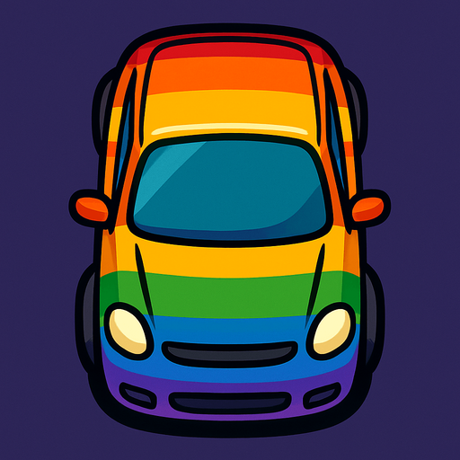 Bird view rainbow car.
In-Game asset.  2d.  High contrast.  No shadows