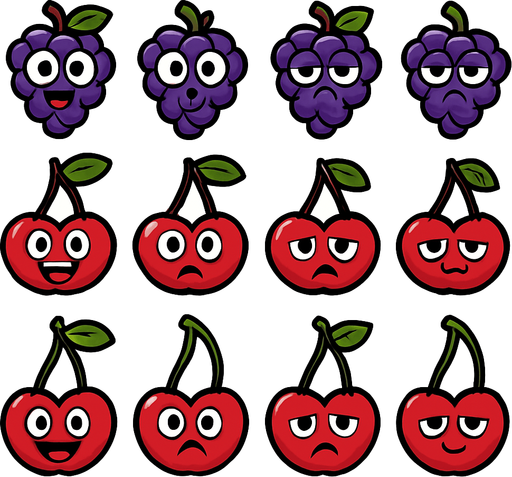 Grapes and Cherry sprites with eye and mouth animation.
In-Game asset.  2d.  High contrast.  No shadows