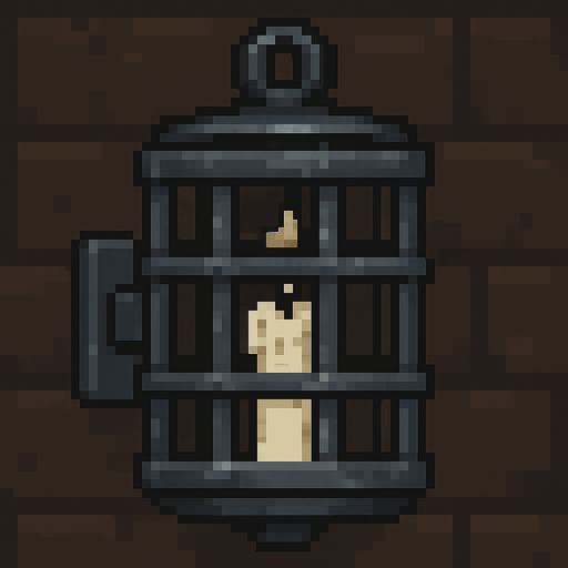 A unlit metal cage sconce like you find on a dungeon wall. White candle inside. Pixel art..
In-Game asset.  2d.  High contrast.  No shadows