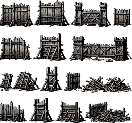 A spritesheet of tall wooden barricades and pallisades from medieval times, including some frames where these have been destroyed and broken into smaller parts..
Single Game Texture. In-Game asset. 2d. Blank background. High contrast. No shadows.