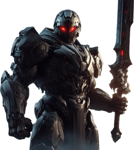 {
 "A dark and intimidating enemy, standing tall in a futuristic battlefield. They wear black, heavy armor, with glowing red eyes visible through a helmet. The background shows a war-torn city, with smoke rising from ruined buildings. The enemy holds a large, menacing sword, ready for battle. Their posture is aggressive, exuding power and malice. The atmosphere is tense, with a sense of impending doom.".
Single Game Texture. In-Game asset. 2d. Blank background. High contrast. No shadows.