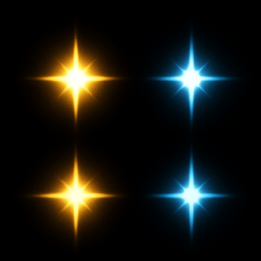 Bright, dense star-like points

```
- Center: Brilliant white core (8x8 pixels)
- Glow: Yellow-white gradient extending to edges
- Intensity: Very bright, sharp center with soft falloff
- Shape: 4-pointed star or cross pattern
- Color variants: White, yellow, light blue.
In-Game asset.  2d.  High contrast.  No shadows