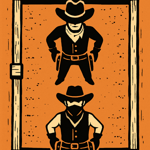 a western setting duel arena, place one cowboy at the top of the screen facing down and another cowboy at the bottom facing up.
In-Game asset.  2d.  High contrast.  No shadows