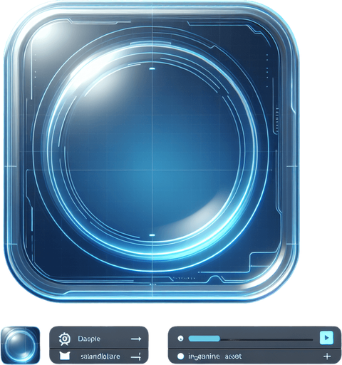 A 2D holographic UI board, viewed from the front, designed like a futuristic speech bubble. It has a flat, semi-transparent surface with a soft blue glow around its edges. The design is minimal and clean, incorporating a subtle holographic effect with smooth light accents, making it ideal for displaying text in a sleek, high-tech style.
Single Game Texture. In-Game asset. 2d. Blank background. High contrast. No shadows.