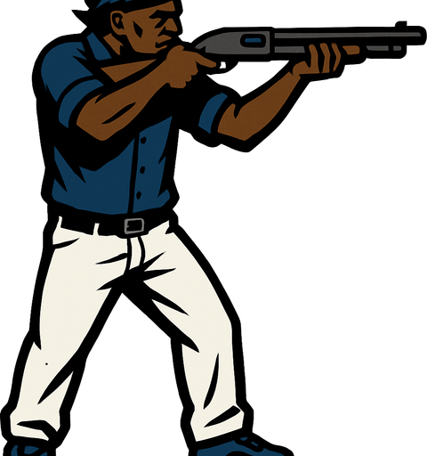 un pandillero negro con camisa azul oscuro y pantalon blanco usando una escopeta con la perspectiva lateral de cuerpo completo.
In-Game asset.  2d.  High contrast.  No shadows
