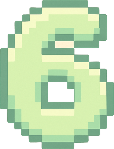 A pixel art number "6" designed for a cozy, cute retro 2D game UI with a bird theme. The number is rendered in soft pastel light green tones to harmonize with the gentle and sweet aesthetic of the game. It has a clean, simple, and rounded pixel style with no harsh edges, fitting perfectly within the pixel art UI style. The number is bold and easily readable at small sizes..
In-Game asset.  2d.  High contrast.  No shadows. pixel art. retro. 2d ui. number. pastel light green. simple. rounded edges. bold. cute. minimal