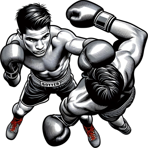 Un boxeur vu de dessus dans 2 positions : en garde et frappe.