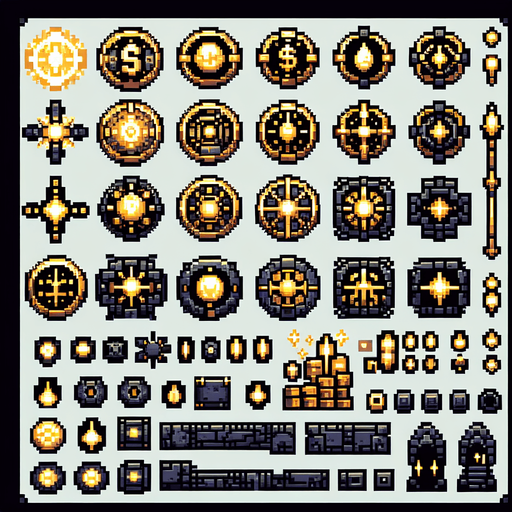 Create a sprite sheet featuring various components of a gold coin, incorporating dungeon design elements. The design should include top-down views of gold coin. Each part should be distinct, with a cohesive color scheme of metal, gold and black, accented by glowing lights for a fantasy look. The style should be detailed pixel art, reminiscent of classic 32-bit era video games, with glowing lights serving as style guides. Arrange the components on a dark background, with each part neatly aligned in rows and columns for easy identification and use in game development..
Single Game Texture. In-Game asset. 2d. Blank background. High contrast. No shadows.