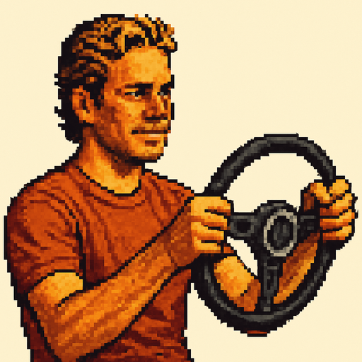 Paul walker holding a car wheel as if he's driving. vintage retro 1980 style. 3/4 view. pixelated. 8 bit. Single Game Texture. In-Game asset. 2d. Blank background. High contrast. No shadows.
