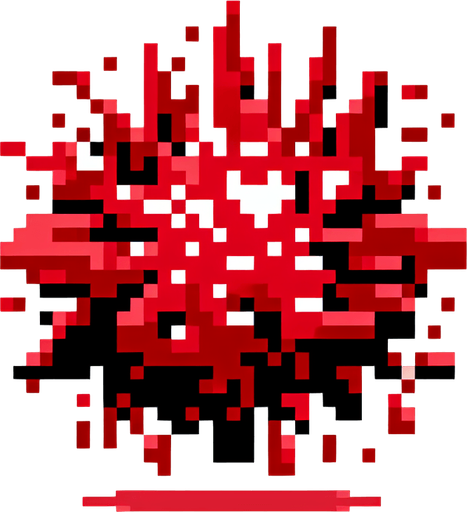 pixelated red explosion. 8 bit..
Single Game Texture. In-Game asset. 2d. Blank background. High contrast. No shadows.