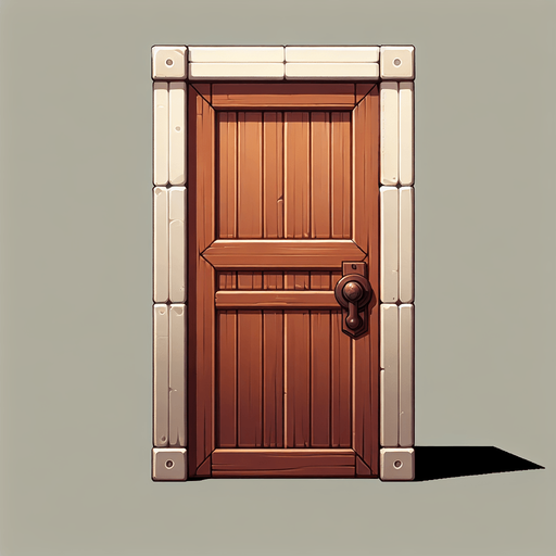 Uma Porta de madeira para frente com machaneta marrrom..
Single Game Texture. In-Game asset. 2d. Blank background. High contrast. No shadows.