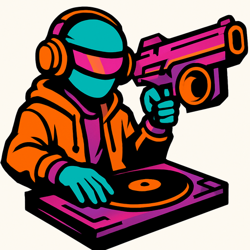 DJ with blaster.
In-Game asset.  2d.  High contrast.  No shadows