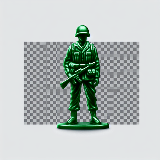 a little green soldier toy standing Single Game Texture. 2d. Transparent background. High contrast. No shadows.